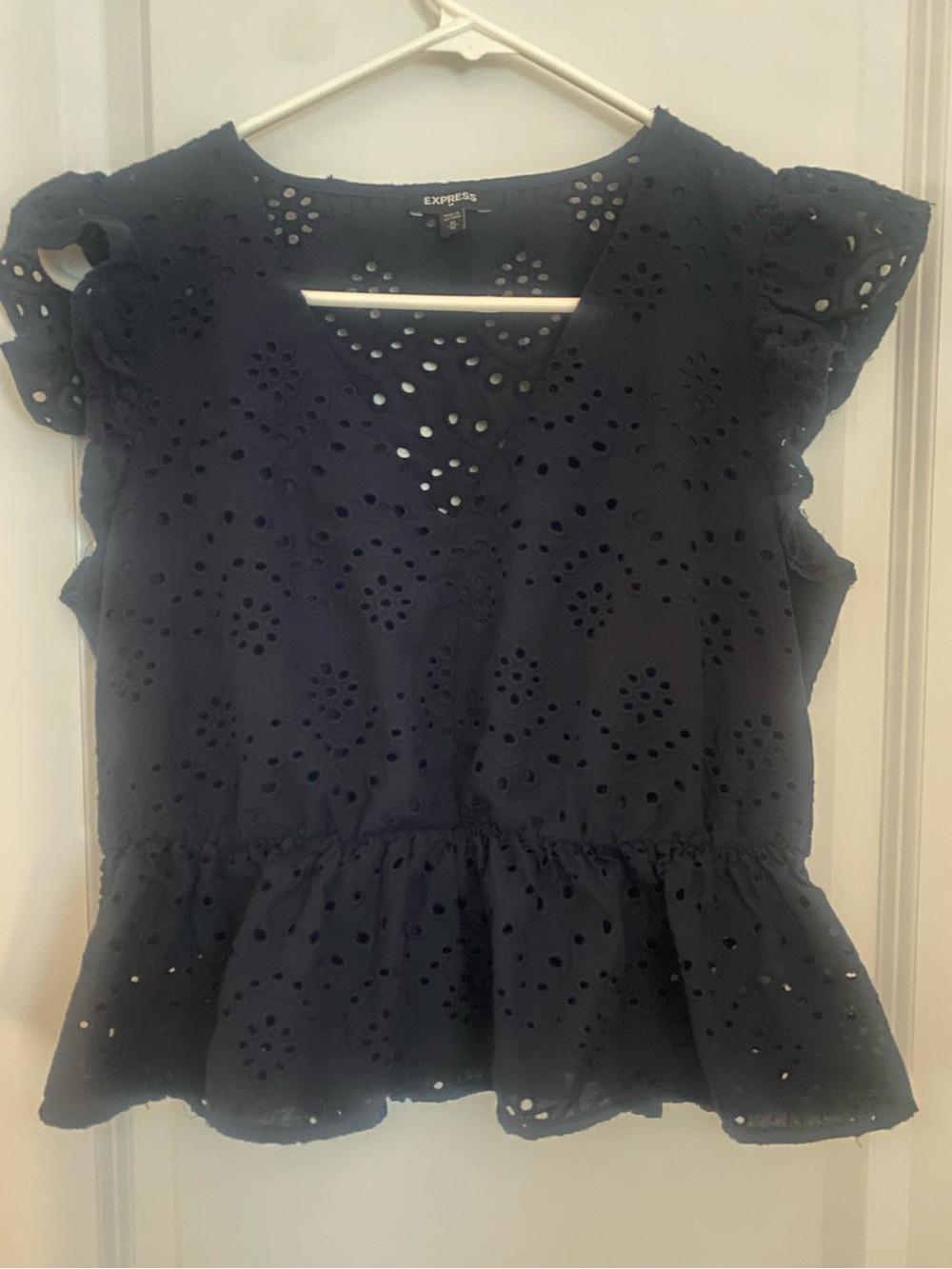 Express Navy Eyelet Peplum Blouse with Flutter Sleeves